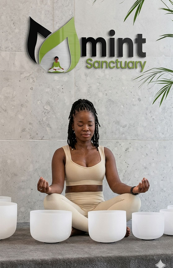 Young African woman in meditation pose, peaceful wellness setting