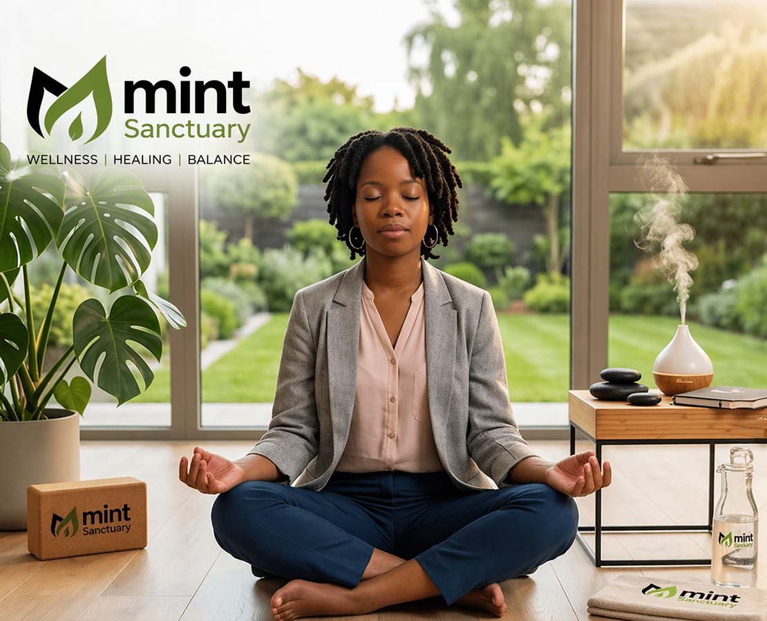 A peaceful indoor meditation scene featuring a woman seated cross-legged in a bright, natural space surrounded by plants and calming elements. The image is enhanced with Mint Sanctuary branding, representing a holistic approach to wellness, healing, and balance for mind, body, and soul.